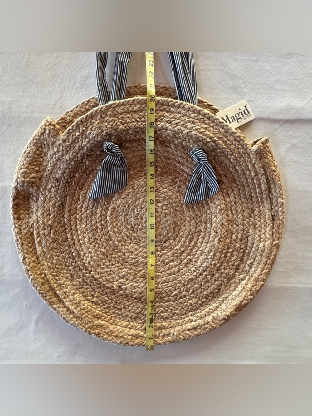 Magid Natural Jute Circle Tote Bag Black White Striped Fabric Handle NWT - Picture 5 of 14